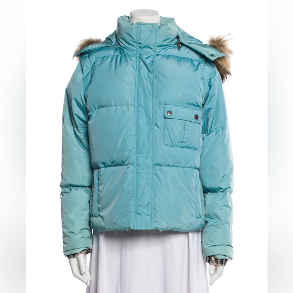 Burberry Light Blue aqua Puffer convertible Jacket to vest with real Fur Trim